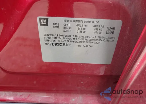 2012 Chevrolet Cruze Eco z USA, uszkodzony, nr VIN 1G1PJ5SC3C7288116